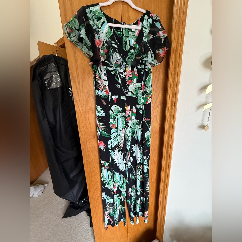 Black Tropical Floral Jumpsuit Floor Length Wromper - Women's